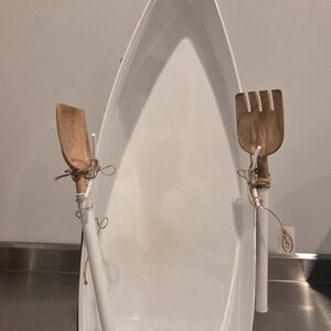 Wooden Salad Servers with White Metal Boat Bowl